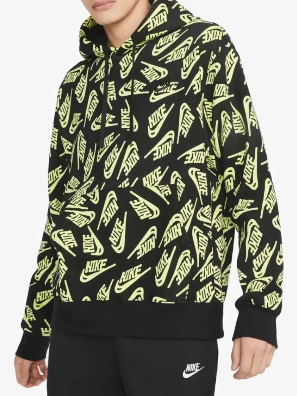 Nike Large Sportswear Men's Fleece Warm Pullover Hoodie Black Green Allover Logo